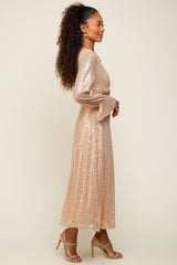 Gold Sequin Long Sleeve Wrap Maxi Dress