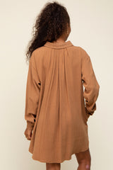 Camel Pinstriped Button-Down Linen Dress