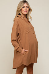 Camel Pinstriped Button-Down Linen Maternity Dress