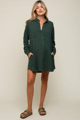 Forest Green Pinstriped Button-Down Linen Maternity Dress