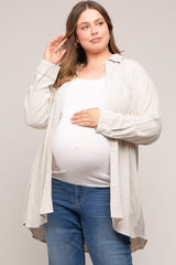 Beige Pinstriped Button-Down Linen Maternity Plus Tunic