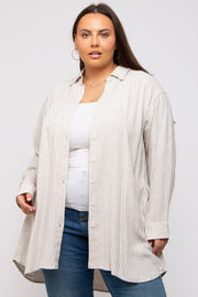 Beige Pinstriped Button-Down Linen Plus Tunic