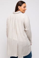 Beige Pinstriped Button-Down Linen Plus Tunic