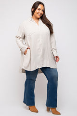 Beige Pinstriped Button-Down Linen Plus Tunic