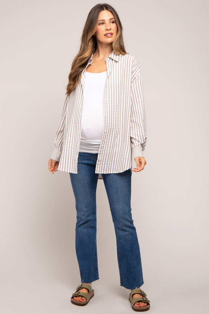 Grey Striped Button Up Long Sleeve Maternity Top