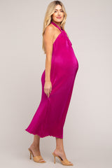 Magenta Knot Front Plisse Halter Maternity Midi Dress