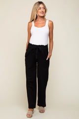 Black Ruffle Tie Waist Linen Maternity Pants