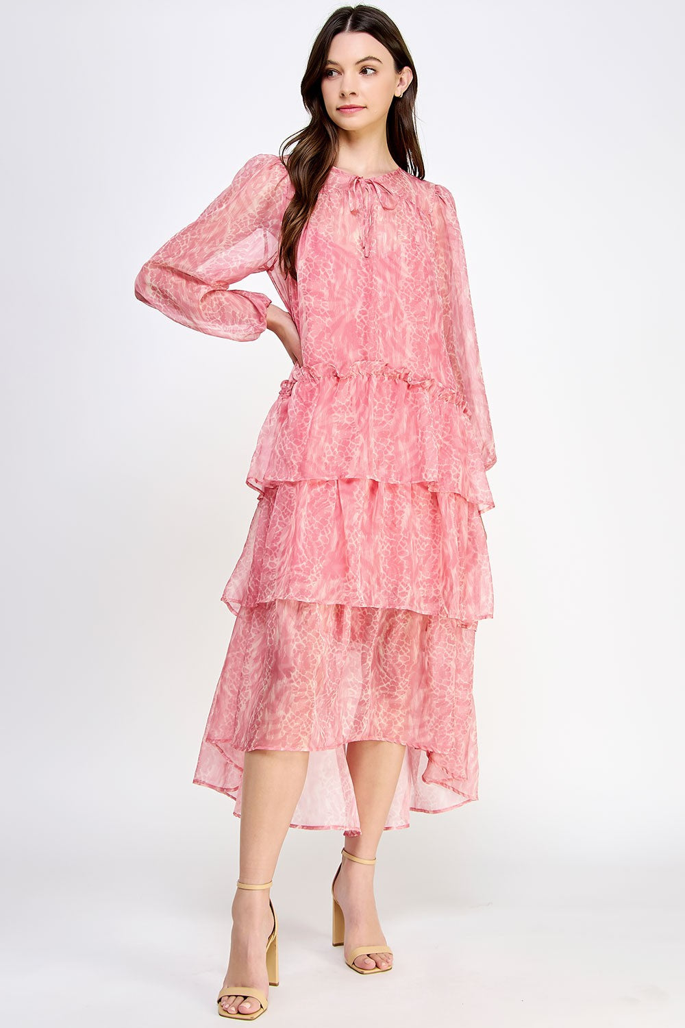 Pink Long Sleeve Tiered Print Maxi Dress