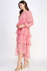 Pink Long Sleeve Tiered Print Maxi Dress