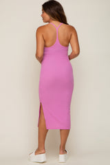 Pink Sleeveless Ribbed Slit Maternity Midi Dress