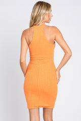 Orange Textured Knit Halter Fitted Dress