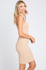 Beige Textured Knit Halter Fitted Dress