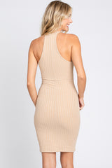 Beige Textured Knit Halter Fitted Dress