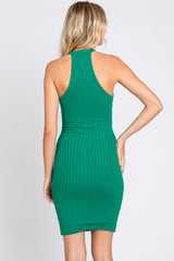 Green Textured Knit Halter Fitted Dress
