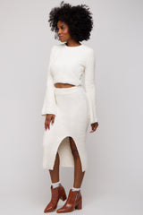 Cream Textured Knit Long Sleeve Top and Skirt Set