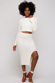 Cream Textured Knit Long Sleeve Top and Skirt Set