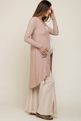 Beige Button Front Knit Maternity Cardigan