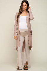 Beige Button Front Knit Maternity Cardigan