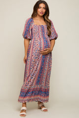 Blue Floral Smocked Short Sleeve Maternity Maxi Dress