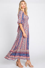 Blue Floral Smocked Short Sleeve Maxi Dress