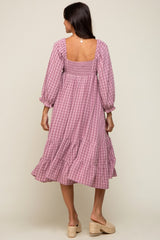 Magenta Striped 3/4 Cinched Sleeve Tiered Midi Dress