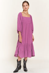 Magenta Striped 3/4 Cinched Sleeve Tiered Midi Dress