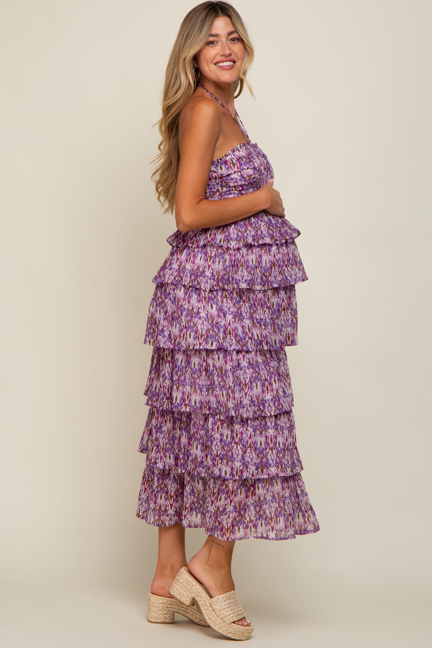 Purple Smocked Ruffle Tiered Halter Maternity Midi Dress
