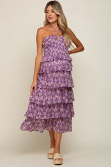 Purple Smocked Ruffle Tiered Halter Maternity Midi Dress