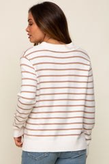 Taupe Striped V-Neck Collared Maternity Sweater