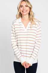 Taupe Striped V-Neck Collared Maternity Sweater