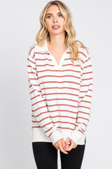 Rust Striped V-Neck Collared Sweater