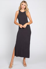 Charcoal Sleeveless Ribbed Side Slit Maternity Maxi Dress