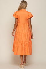 Orange Puff Sleeve Button Down Maternity Midi Dress