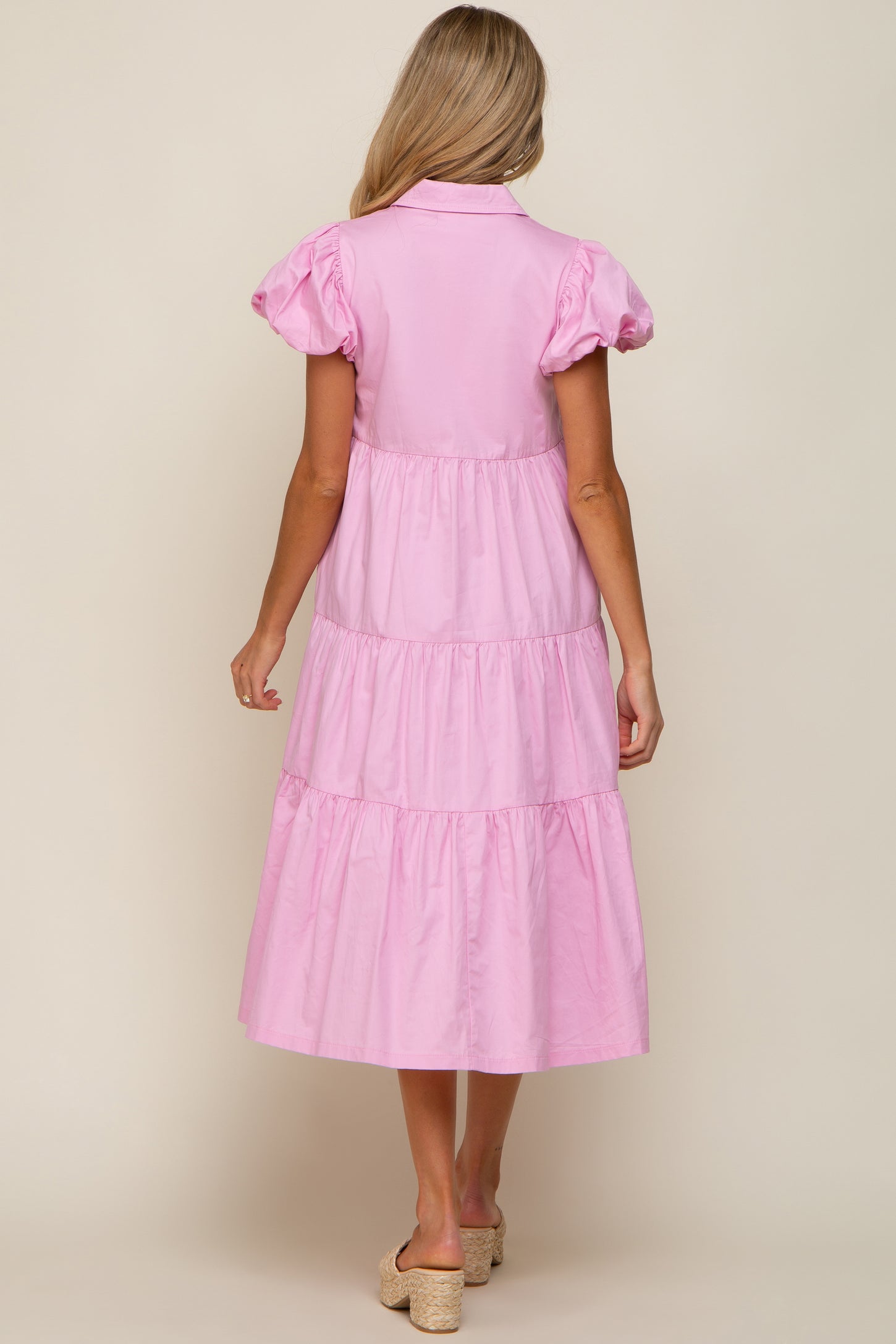 Pink Puff Sleeve Button Down Maternity Midi Dress