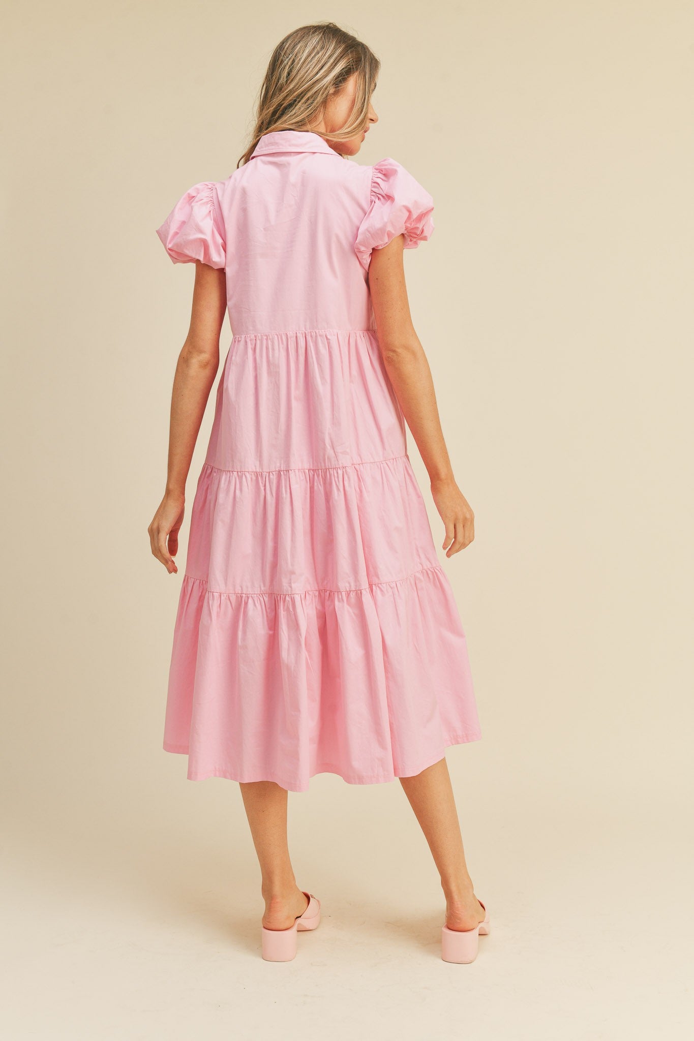 Pink Puff Sleeve Button Down Midi Dress