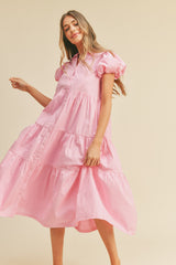 Pink Puff Sleeve Button Down Midi Dress