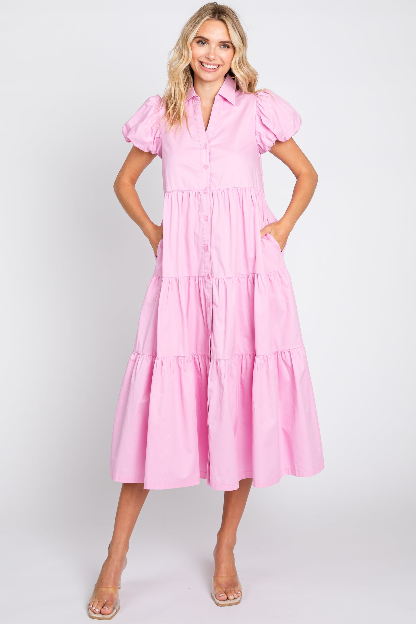 Pink Puff Sleeve Button Down Maternity Midi Dress