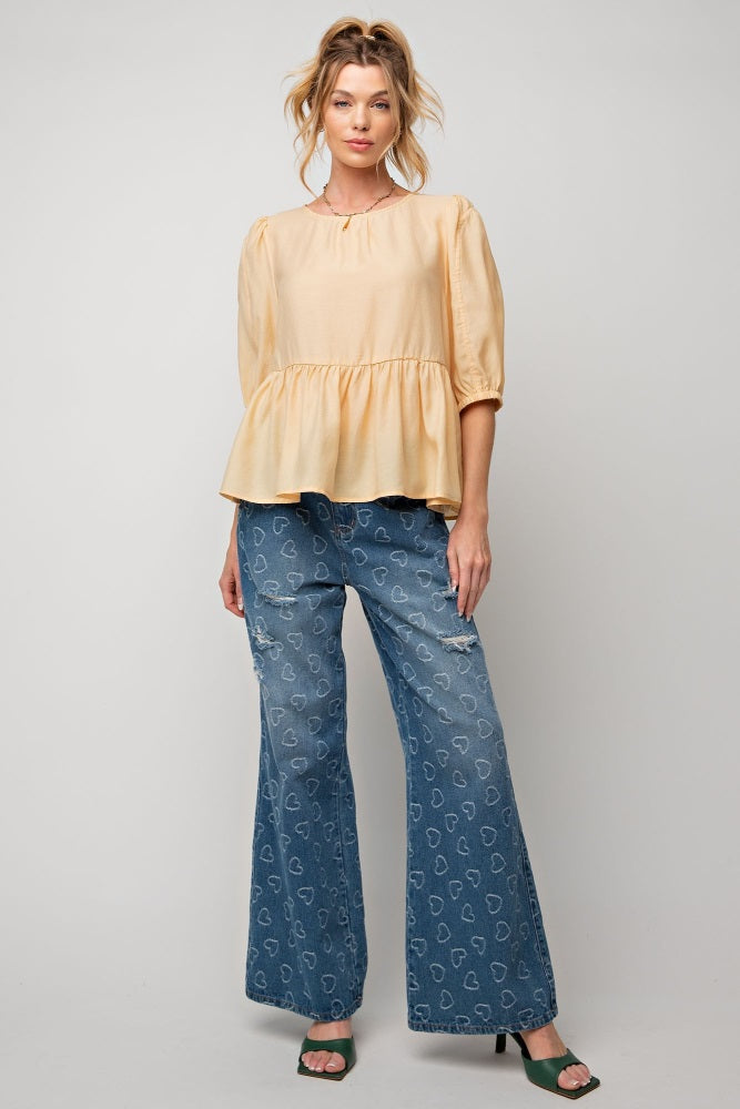 Yellow Half Sleeve Ruched Tier Crepe Top