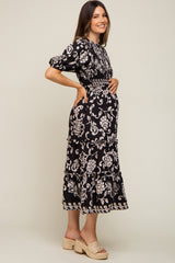 Black Floral Smocked Ruffle Tiered Maternity Midi Dress