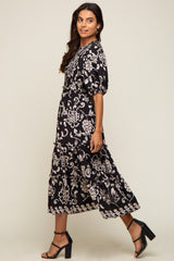 Black Floral Smocked Ruffle Tiered Maternity Midi Dress