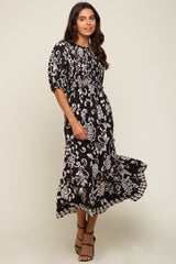 Black Floral Smocked Ruffle Tiered Midi Dress