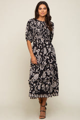 Black Floral Smocked Ruffle Tiered Midi Dress