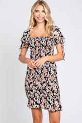 Black Floral Smocked Puff Sleeve Maternity Dress