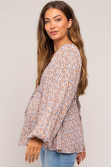 Rust Floral Smocked Front Tie Long Sleeve Maternity Top