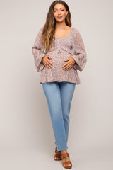 Rust Floral Smocked Front Tie Long Sleeve Maternity Top