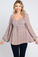 Rust Floral Smocked Front Tie Long Sleeve Maternity Top