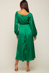 Green Satin Wrap Top Maternity Midi Dress