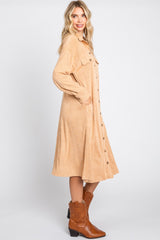 Camel Knit Corduroy Button Down Midi Dress