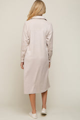 Beige Knit Corduroy Button Down Maternity Midi Dress