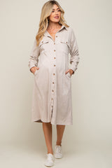 Beige Knit Corduroy Button Down Maternity Midi Dress